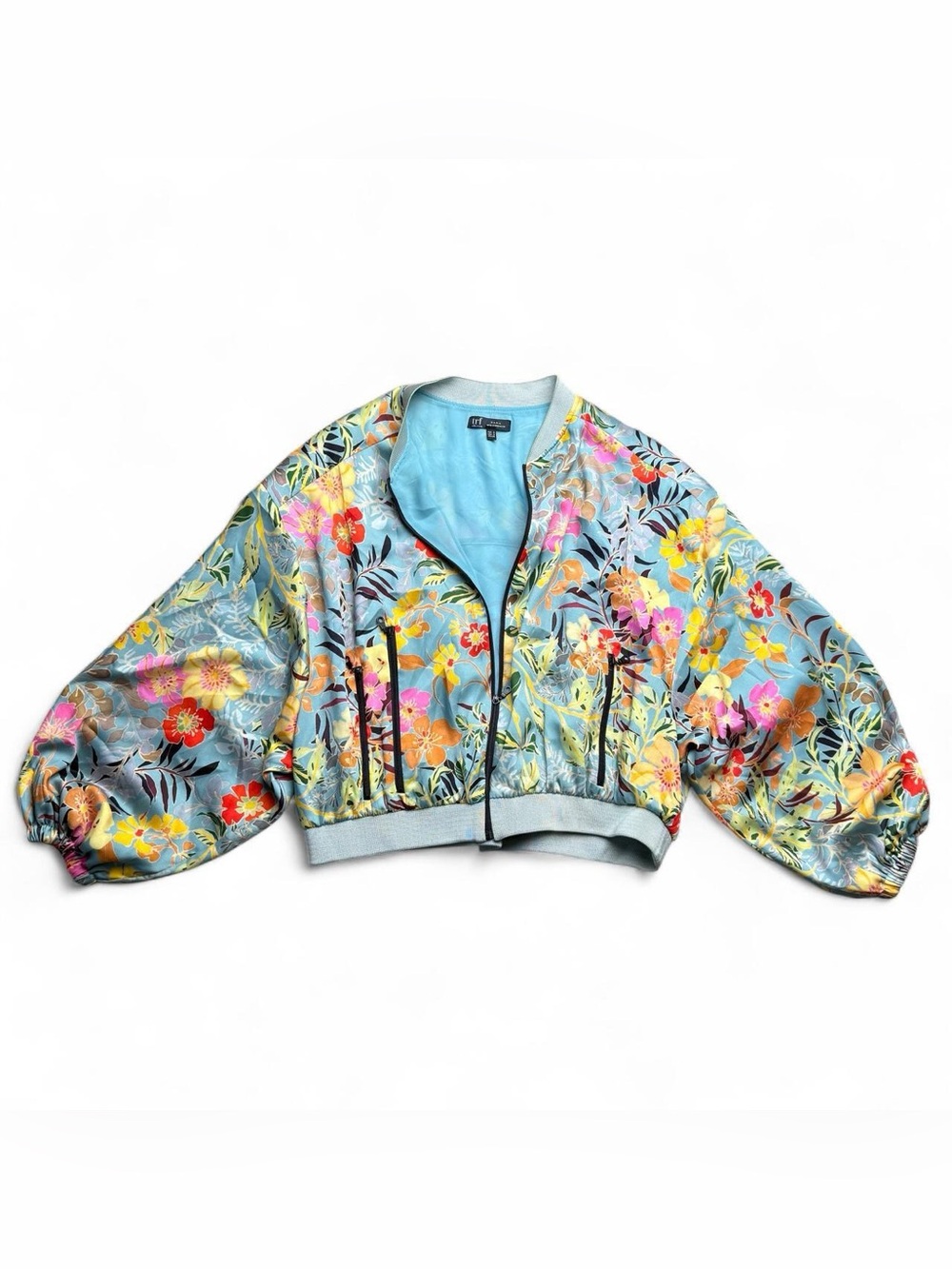 Zara TRF Floral Satin Bomber Jacket Balloon Sleeves Blue Size S